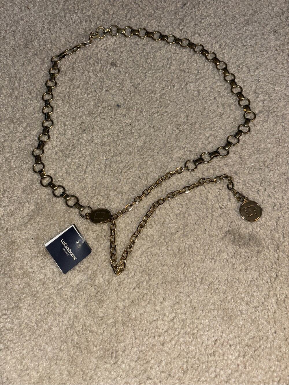 Liz Claiborne New York Silver Skinny Chain Belt with Logo Hook XL NWT